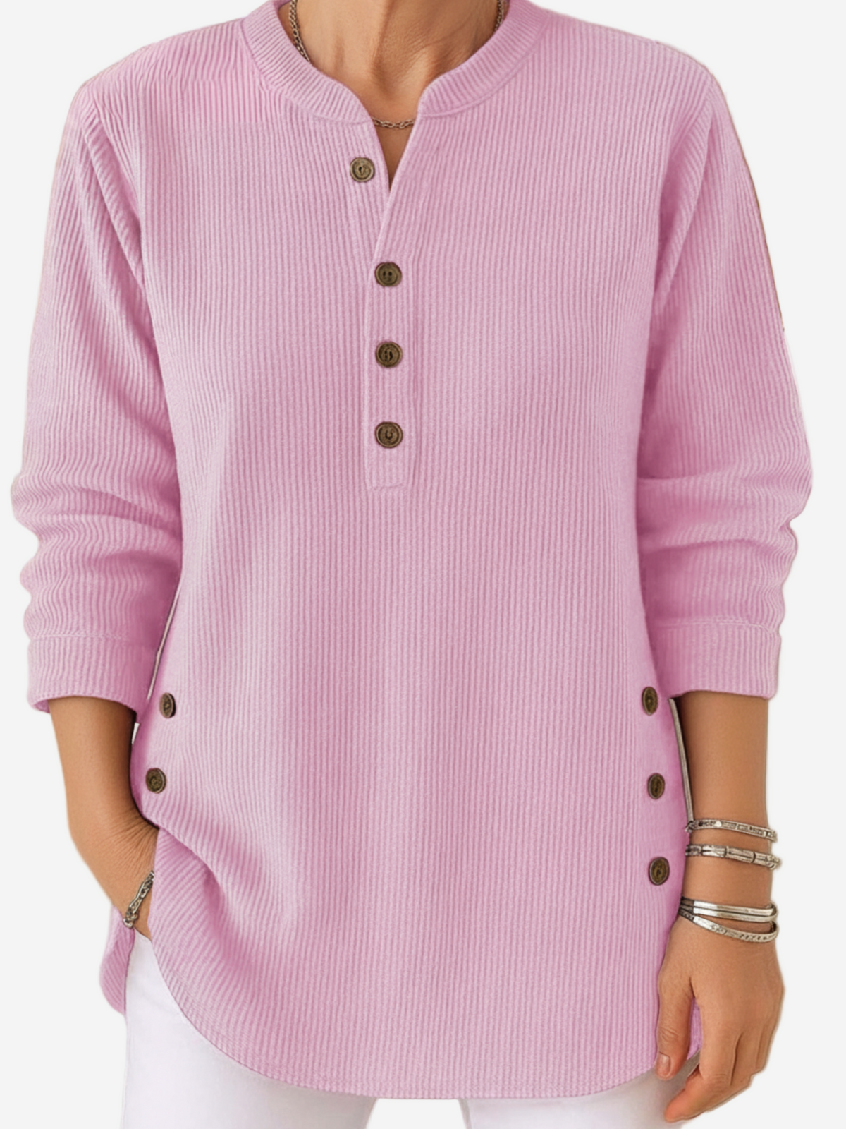 Button Henley Long Sleeve Ribbed Knit Top 3