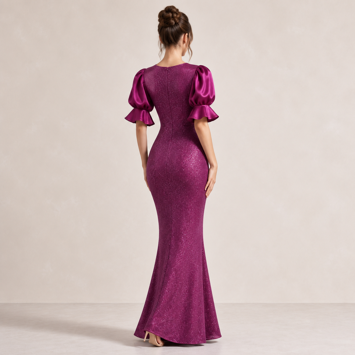 Illusion Neck Puff Sleeve Sequin Mermaid Gown 9