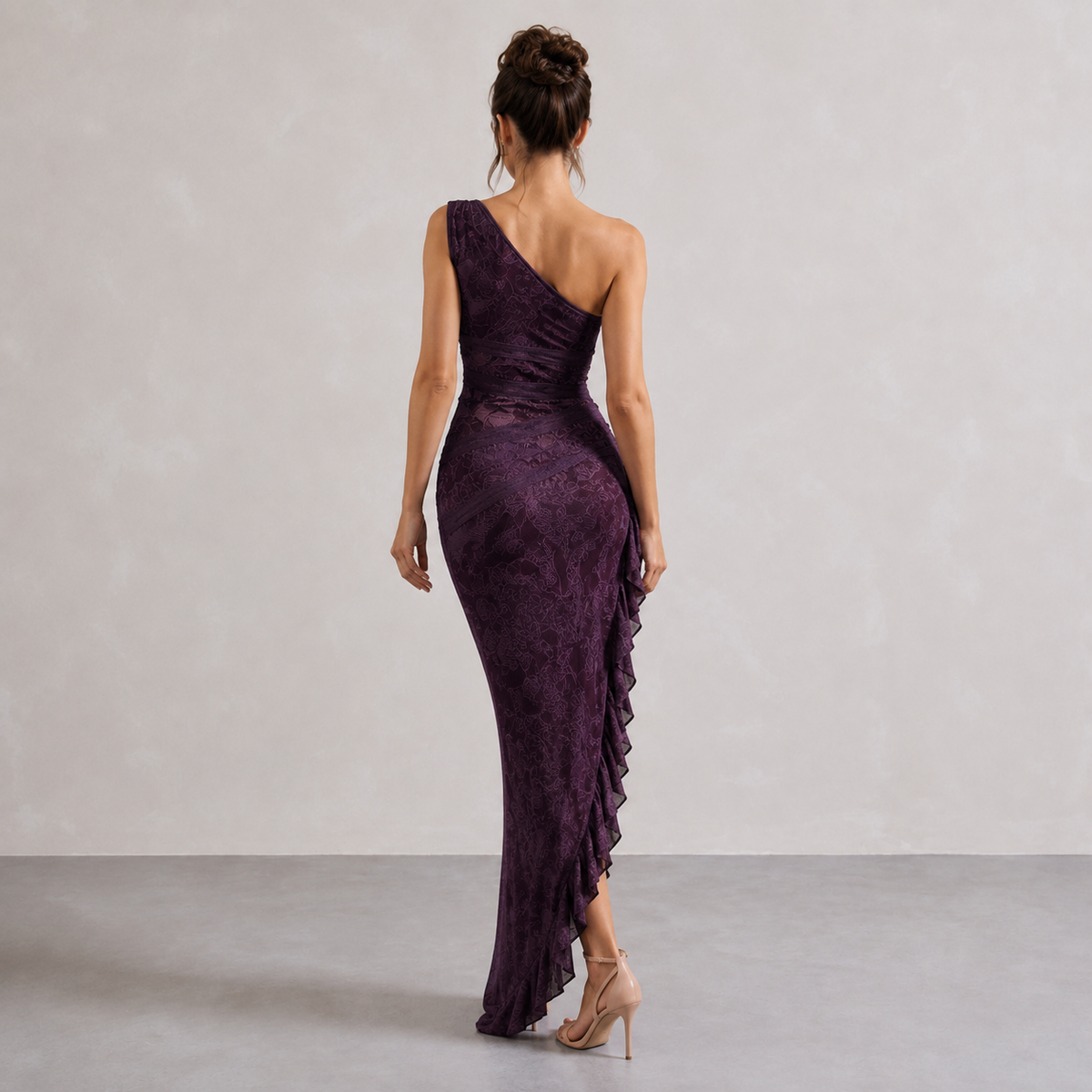 One Shoulder Floral Burnout Ruffle High Split Maxi Dress 15
