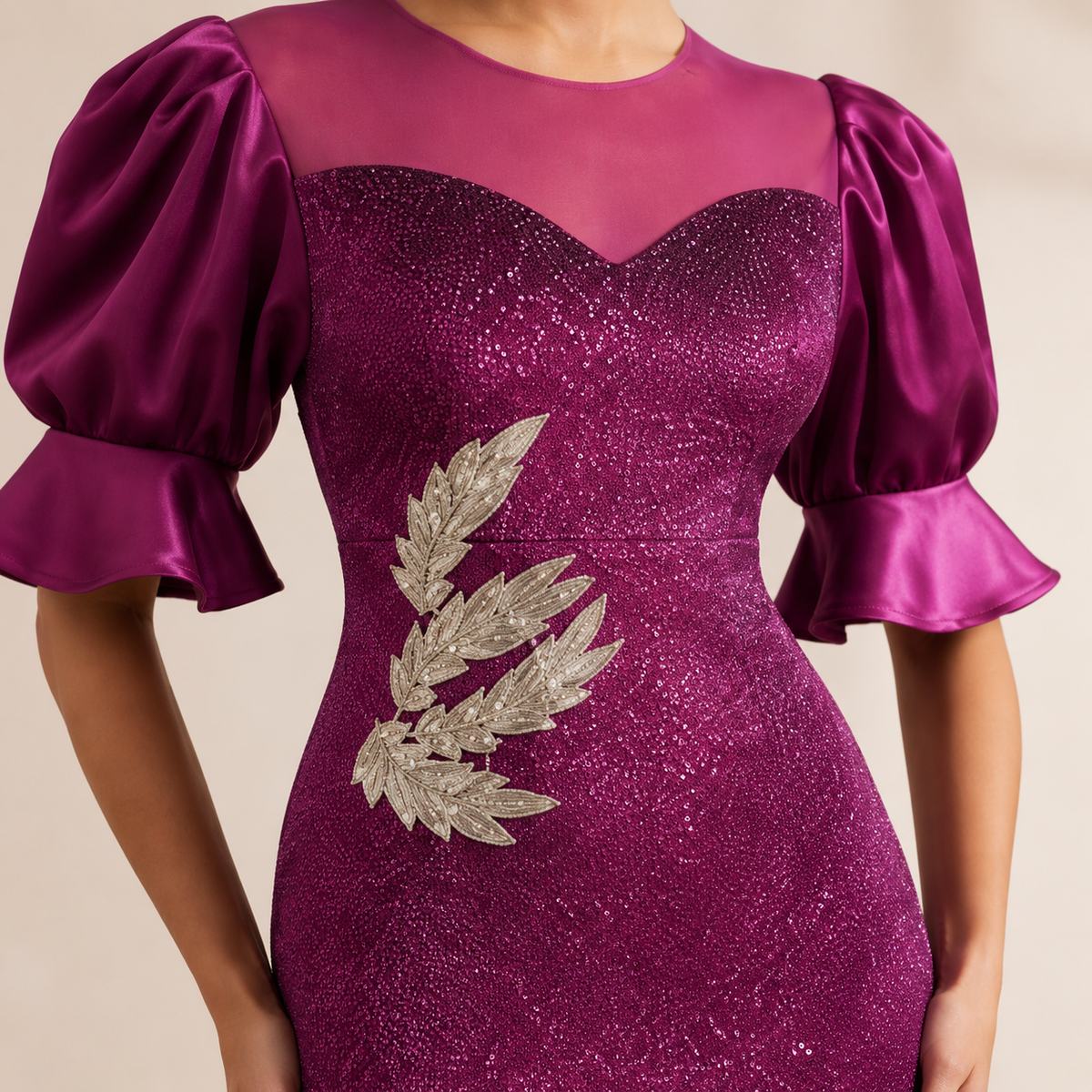 Illusion Neck Puff Sleeve Sequin Mermaid Gown 8