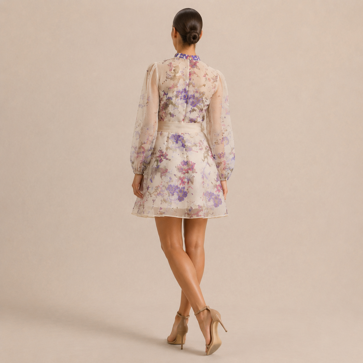 Floral High Neck Long Sleeve Belted Sheer Mini Dress 15