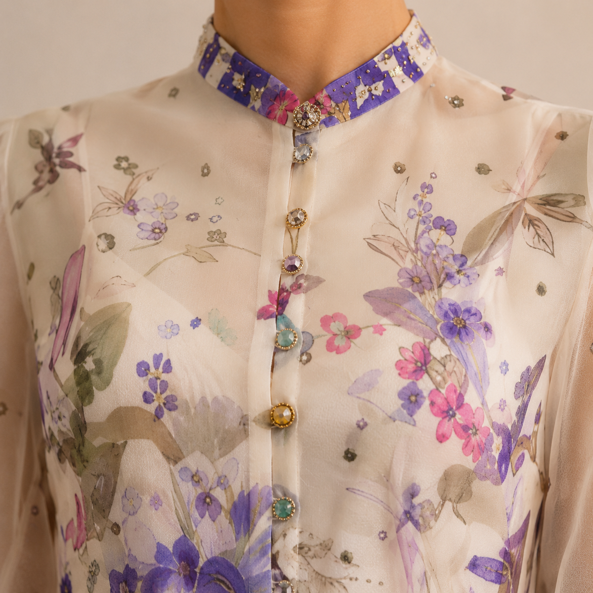 Floral High Neck Long Sleeve Belted Sheer Mini Dress 14