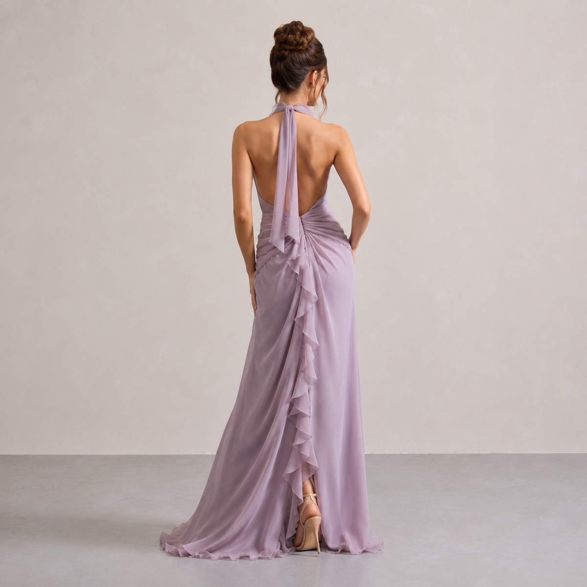 Ruffle Halter Deep V-Neck Rosette High Low Chiffon Maxi Dress 12