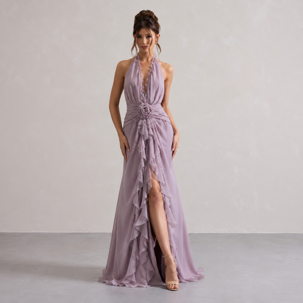 Ruffle Halter Deep V-Neck Rosette High Low Chiffon Maxi Dress 10