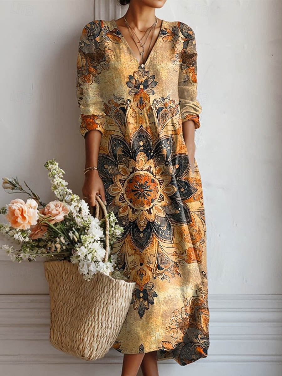 Mandala Print V-Neck A-Line Maxi Dress 2