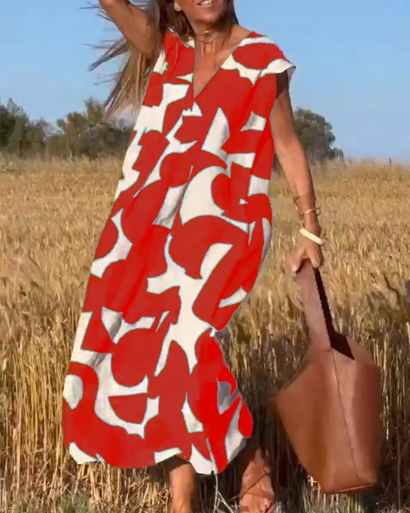V-Neck Abstract Geometric Print Short Sleeve Kaftan Maxi Dress - View 14