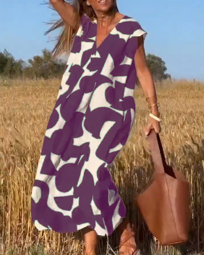 V-Neck Abstract Geometric Print Short Sleeve Kaftan Maxi Dress - View 17
