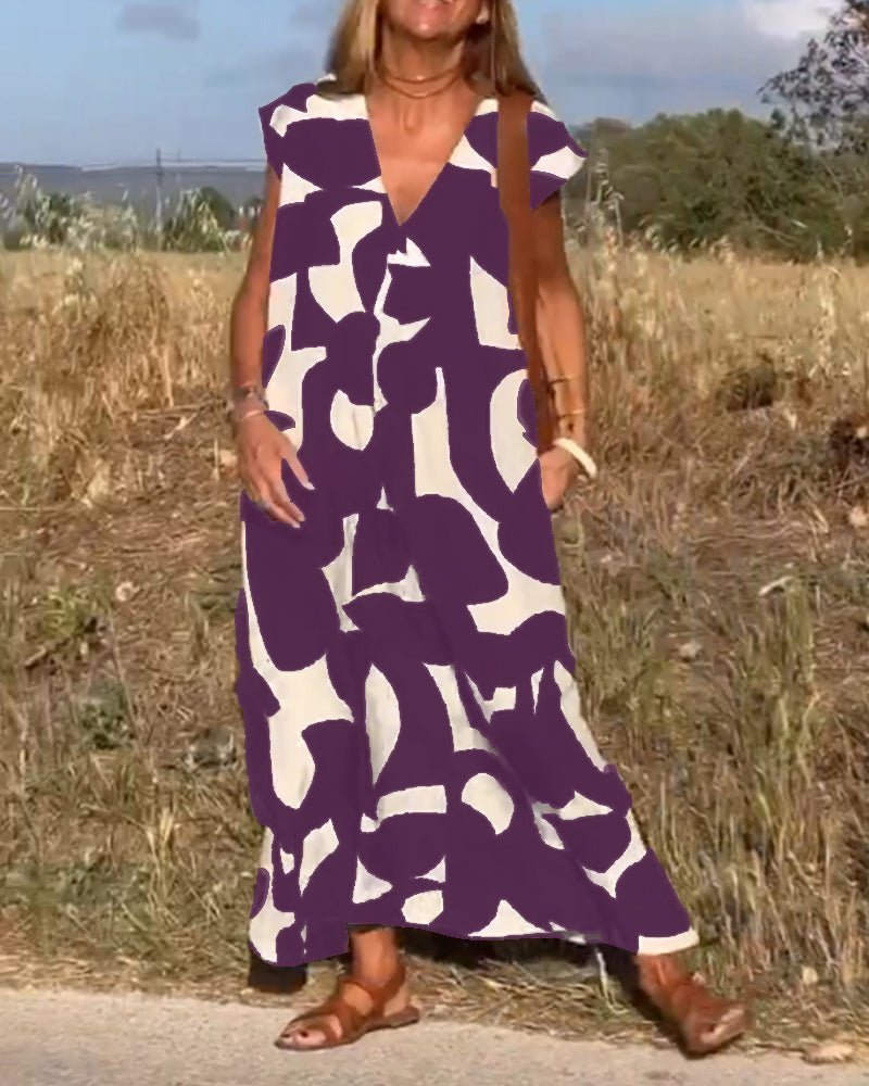 V-Neck Abstract Geometric Print Short Sleeve Kaftan Maxi Dress - View 16