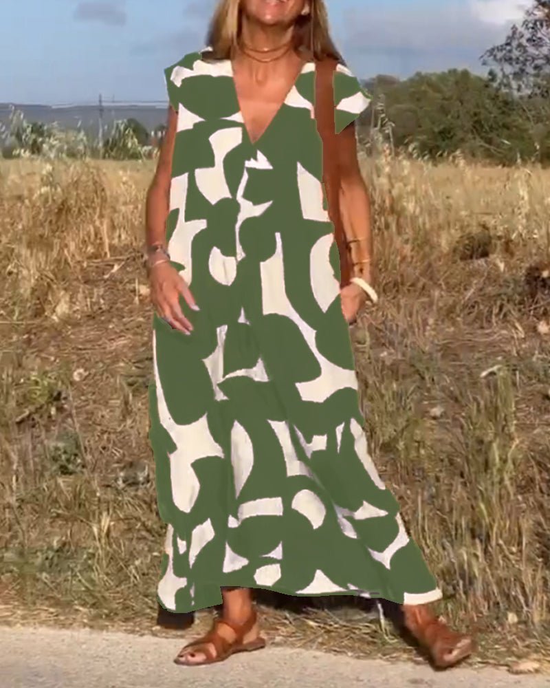 V-Neck Abstract Geometric Print Short Sleeve Kaftan Maxi Dress - View 10
