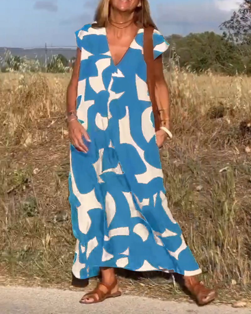 V-Neck Abstract Geometric Print Short Sleeve Kaftan Maxi Dress - View 12