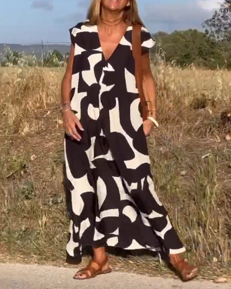 V-Neck Abstract Geometric Print Short Sleeve Kaftan Maxi Dress - View 6