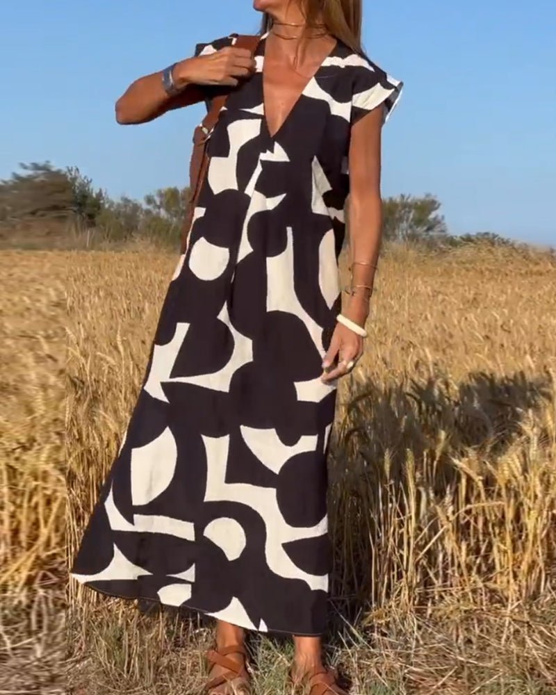 V-Neck Abstract Geometric Print Short Sleeve Kaftan Maxi Dress - View 3