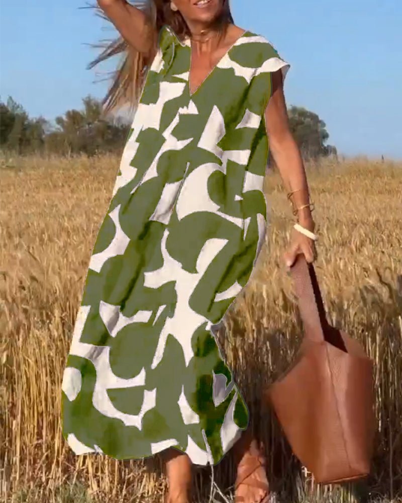V-Neck Abstract Geometric Print Short Sleeve Kaftan Maxi Dress - View 9