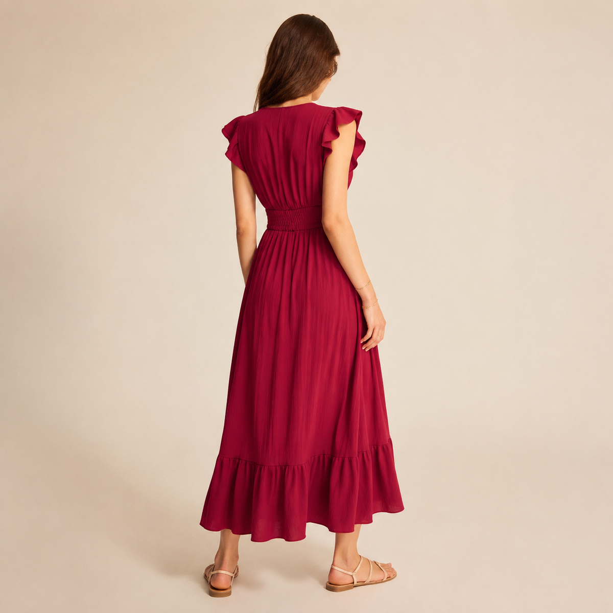 V-Neck Flutter Sleeve Shirred Waist Tiered Maxi Dress 12