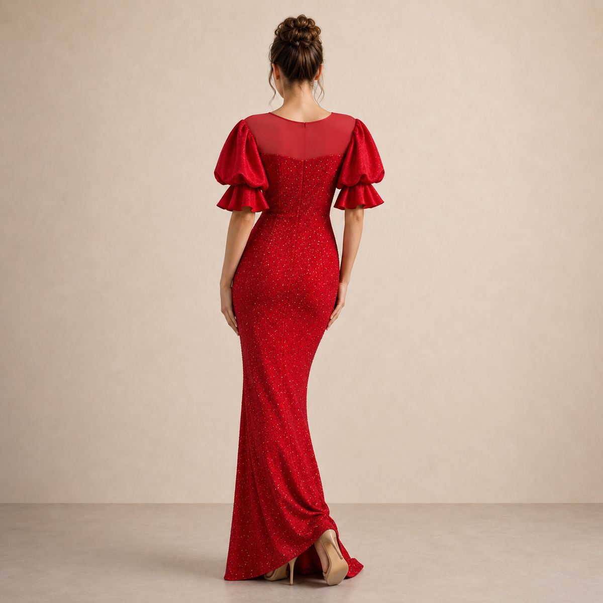 Illusion Neck Puff Sleeve Sequin Mermaid Gown 6