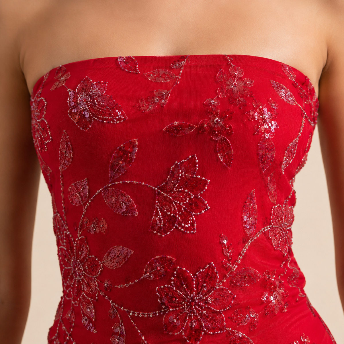 Strapless Floral Sequin Mesh Bodycon Mini Dress 8