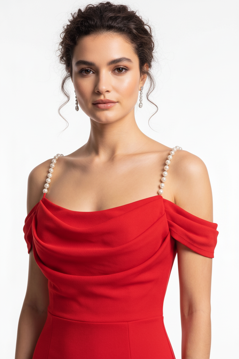 Cowl Neck Off Shoulder Pearl Strap High Split Bodycon Maxi Dress - View 13