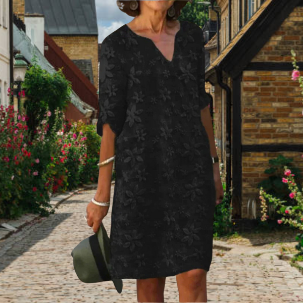 Floral Textured V-Neck Short Sleeve Shift Midi Dress - View 7