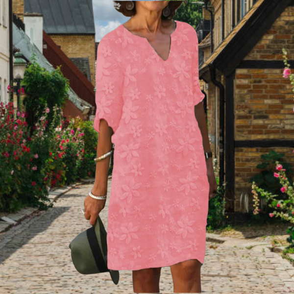 Floral Textured V-Neck Short Sleeve Shift Midi Dress - View 8