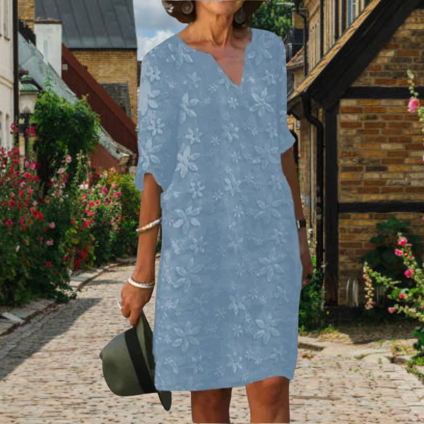 Floral Textured V-Neck Short Sleeve Shift Midi Dress - View 9