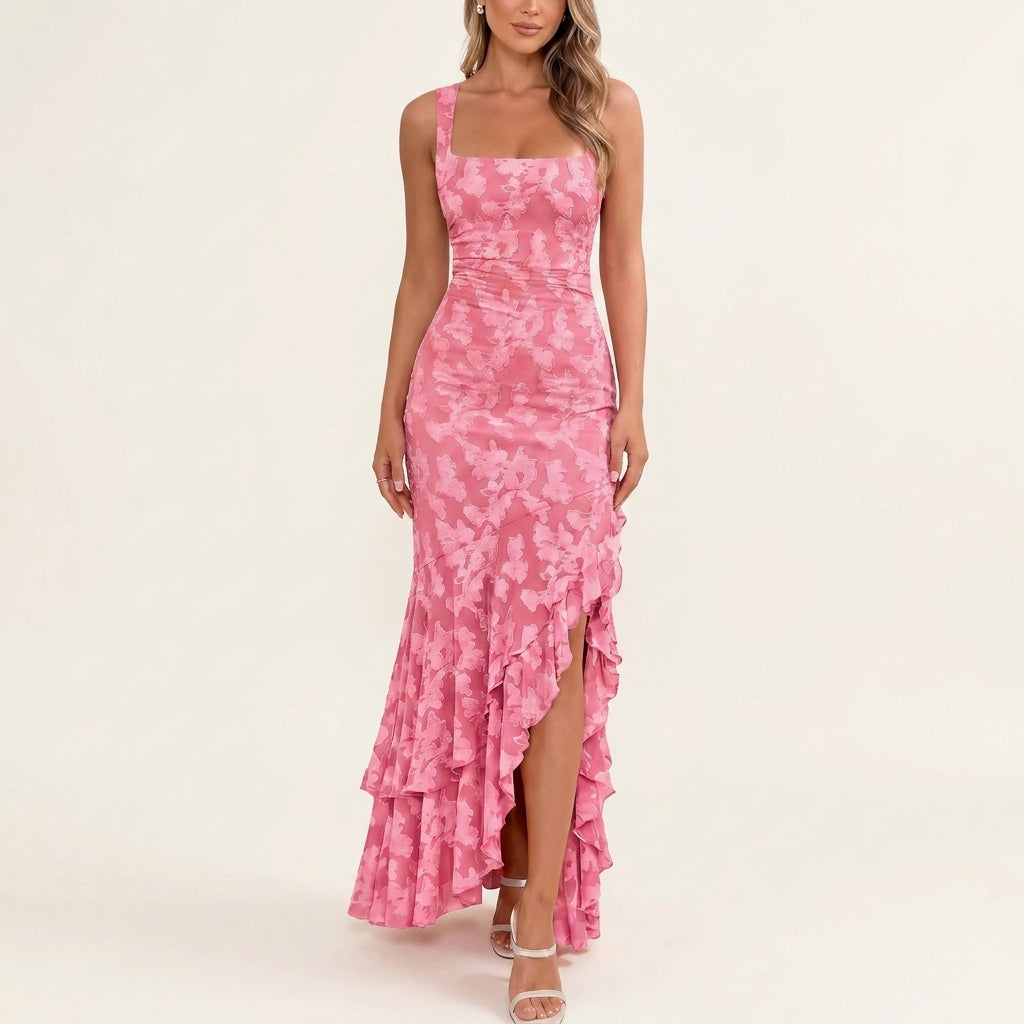Floral Square Neck Ruffle High Low Mermaid Maxi Dress