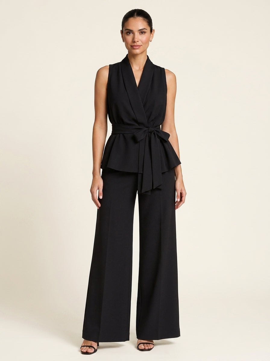Sleeveless Shawl Collar Wrap Top and Wide Leg Pants Two Piece Set