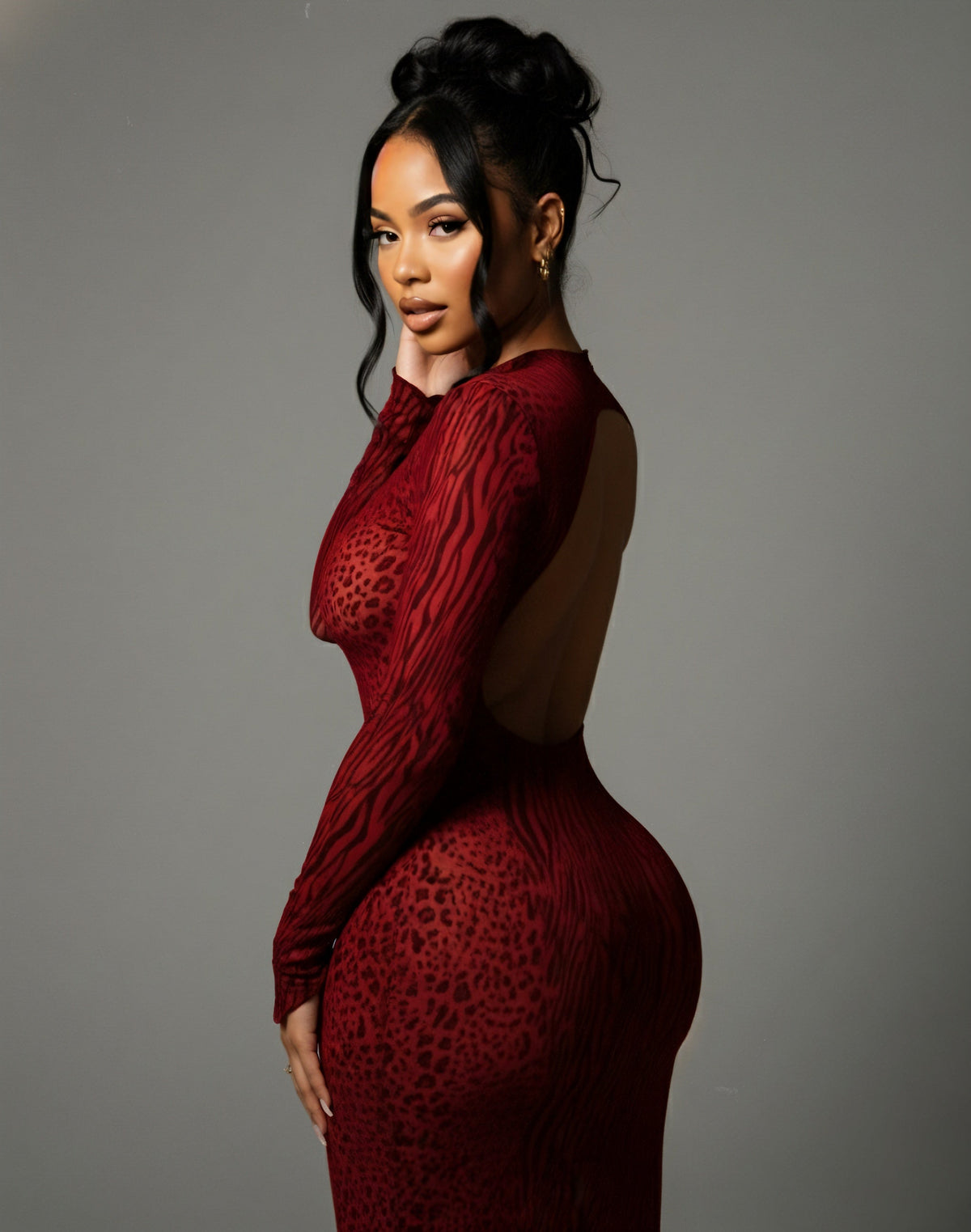 Animal Print Mesh High Neck Long Sleeve Bodycon Maxi Dress 5