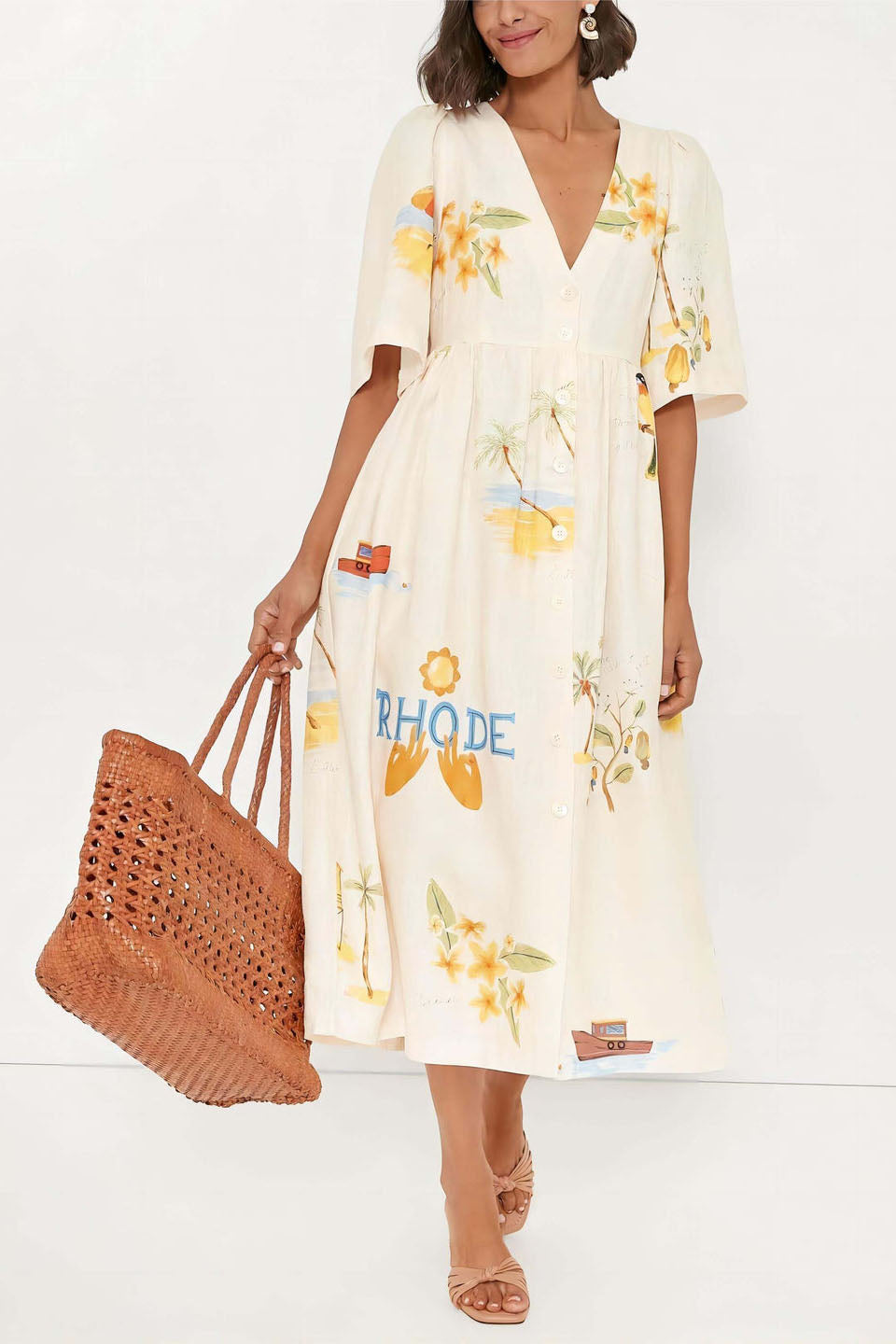 Tropical Graphic Print Button Front Puff Sleeve Midi Dress - View 5