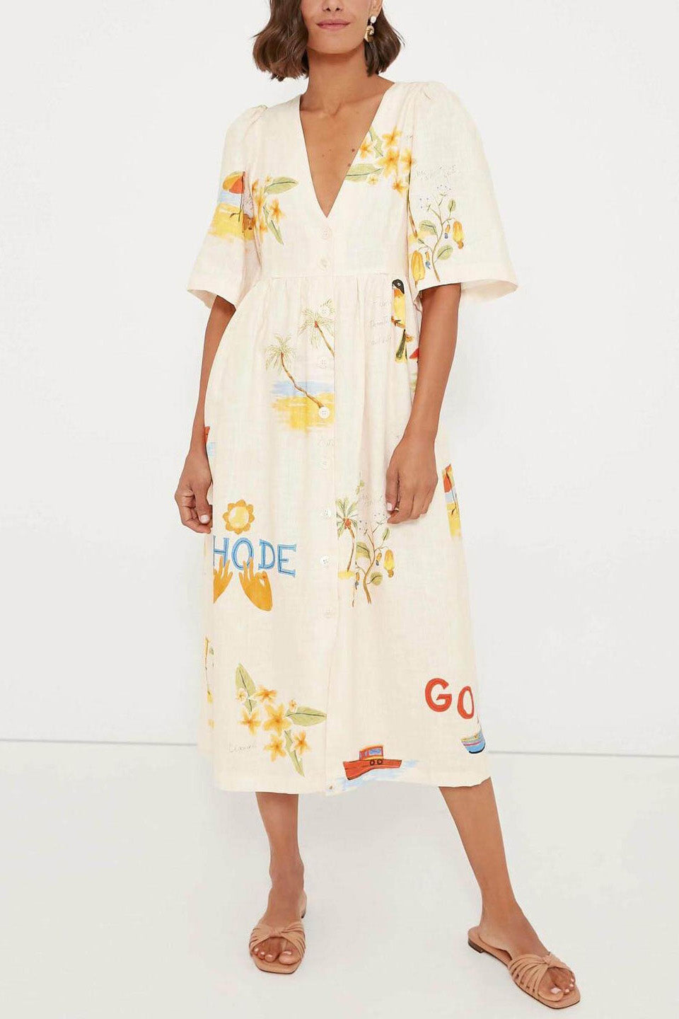 Tropical Graphic Print Button Front Puff Sleeve Midi Dress