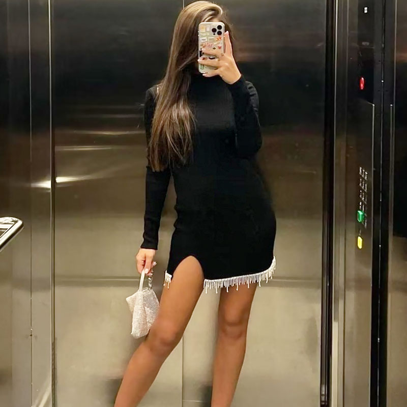 Ribbed Knit Crystal Fringe Long Sleeve Sweater Mini Dress - Black
