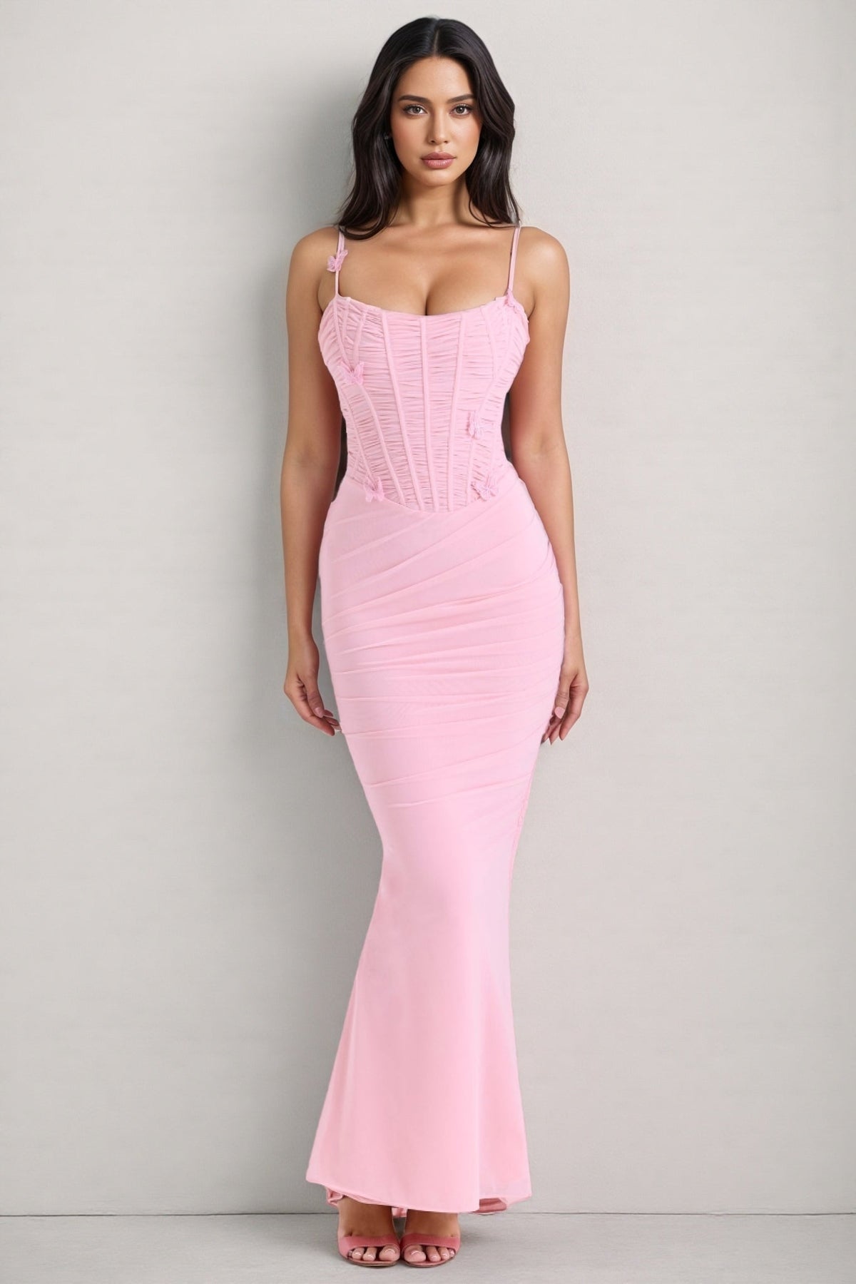 Ursin Pink Stretch Mesh Butterfly Maxi Dress