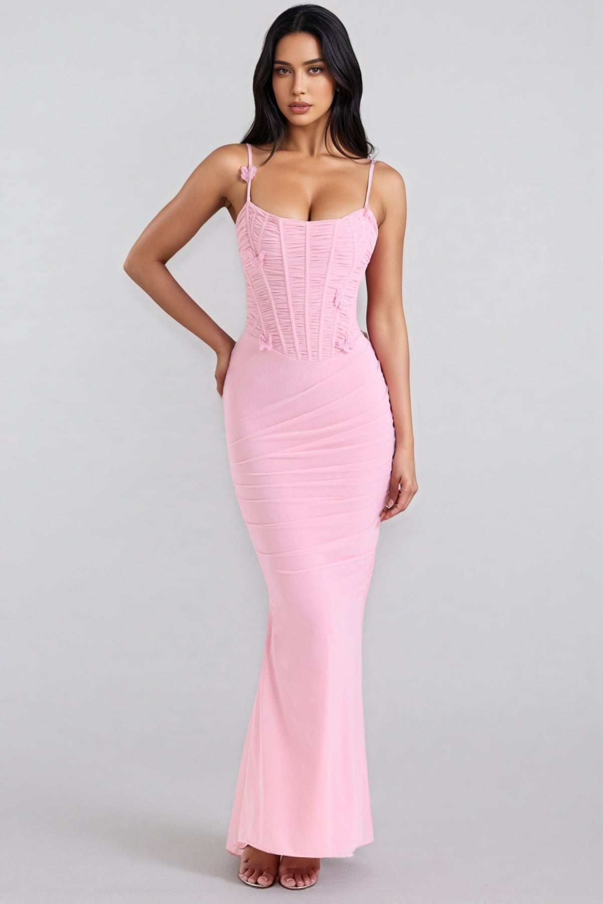 Ursin Pink Stretch Mesh Butterfly Maxi Dress - View 3
