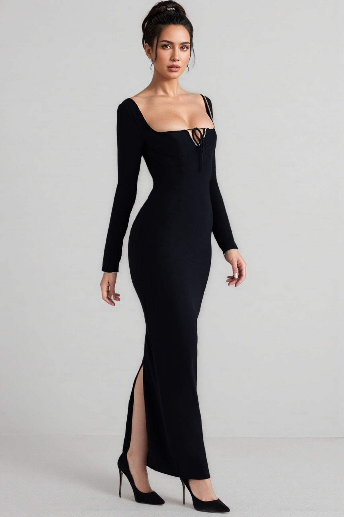 Bandage Square Neck Rhinestone Trim Long Sleeve Bodycon Maxi Dress - View 4