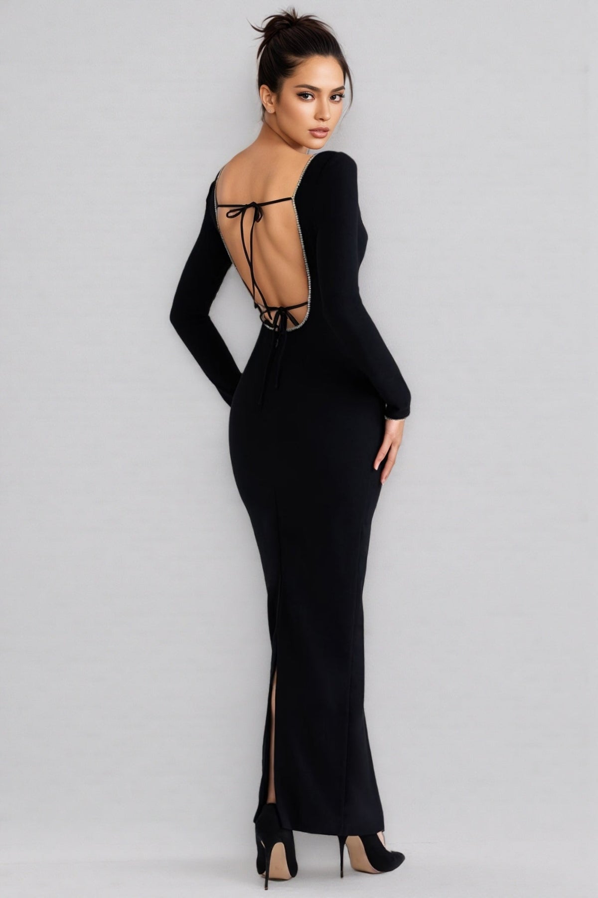 Bandage Square Neck Rhinestone Trim Long Sleeve Bodycon Maxi Dress - View 3