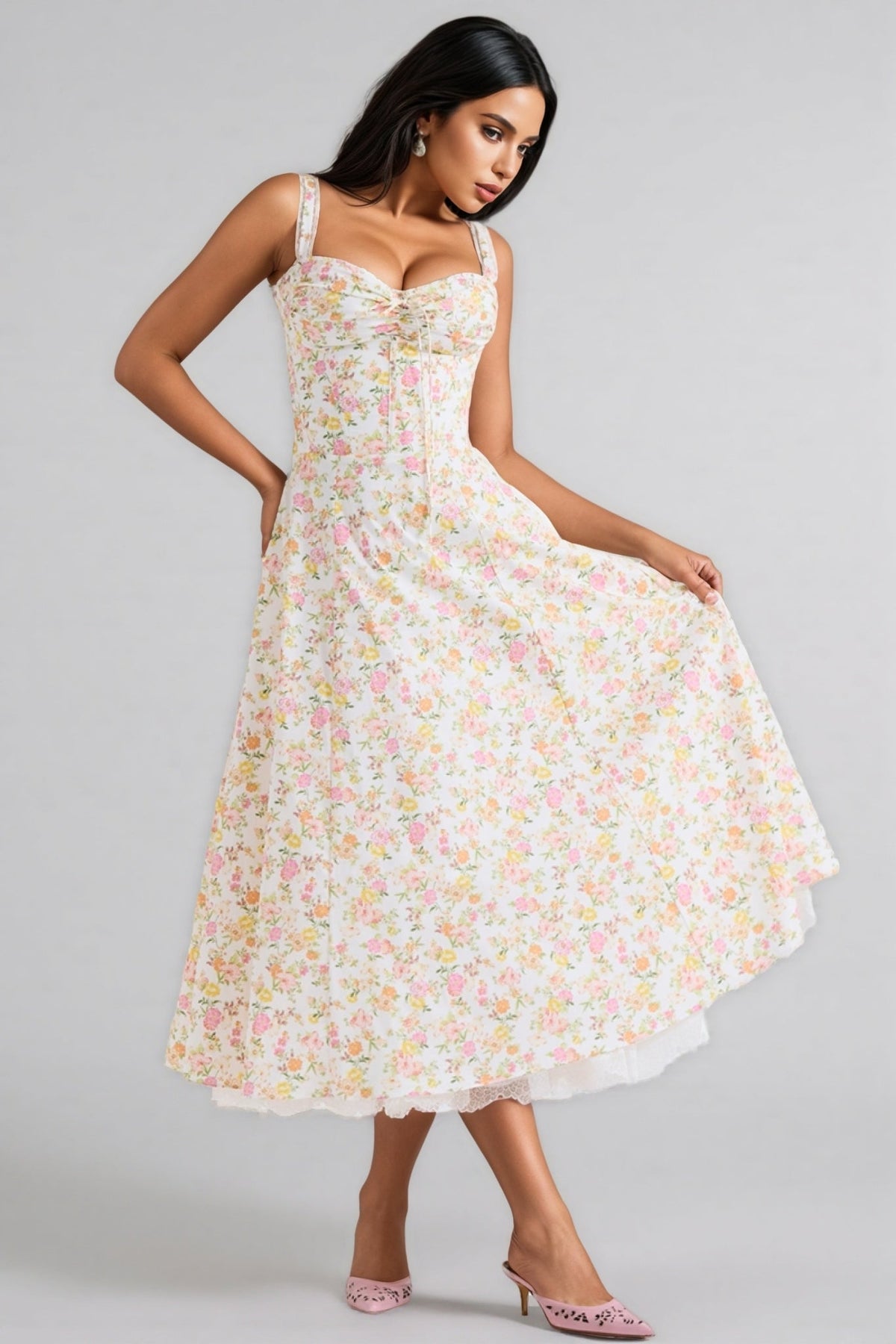 Floral Print Sweetheart Tie Front Spaghetti Strap Midi Dress - View 3