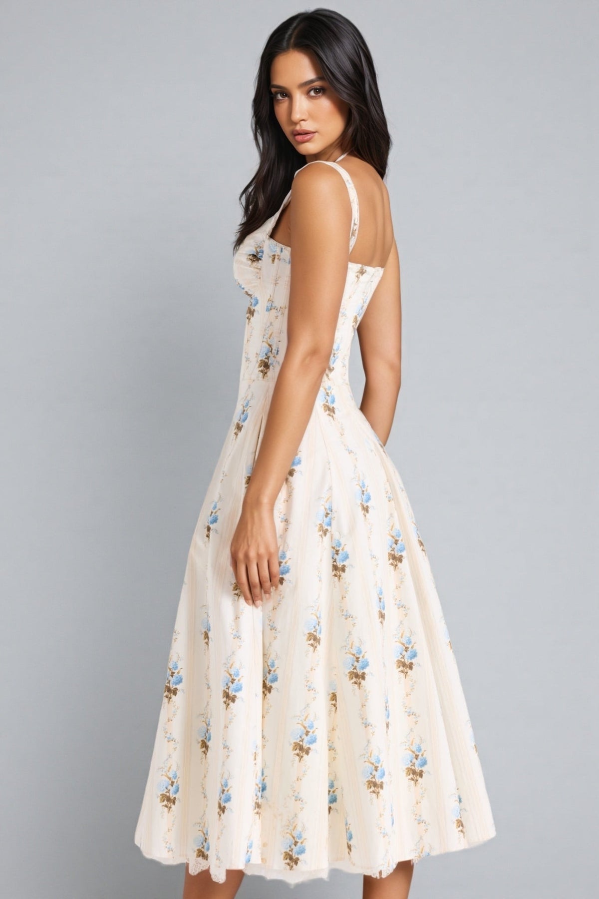 Floral Sweetheart Corset Fit and Flare Bubble Hem Midi Dress - View 3