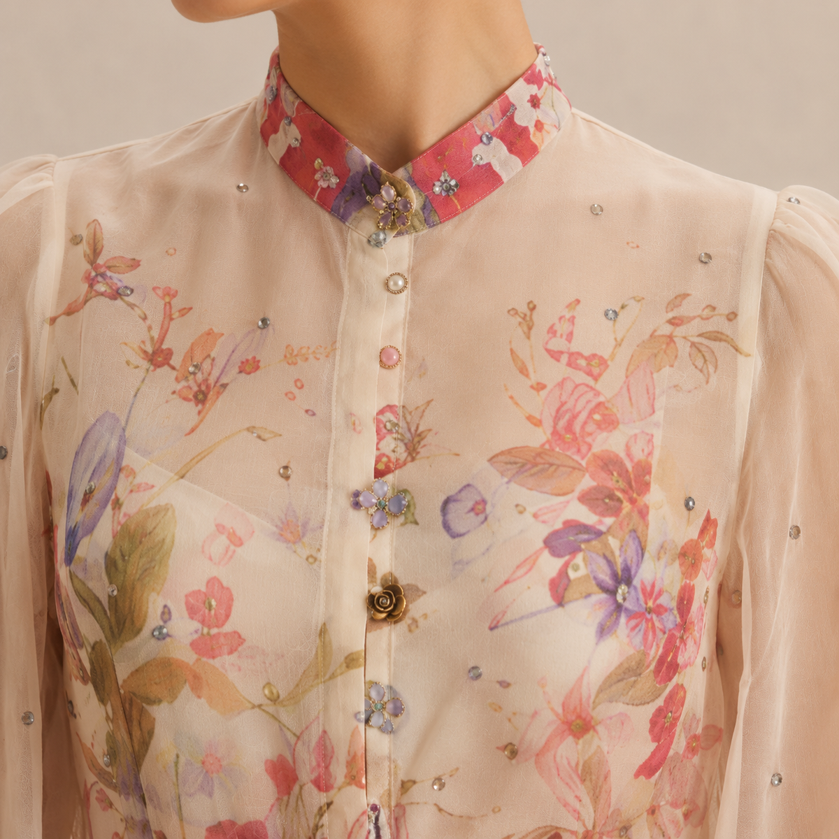 Floral High Neck Long Sleeve Belted Sheer Mini Dress 8