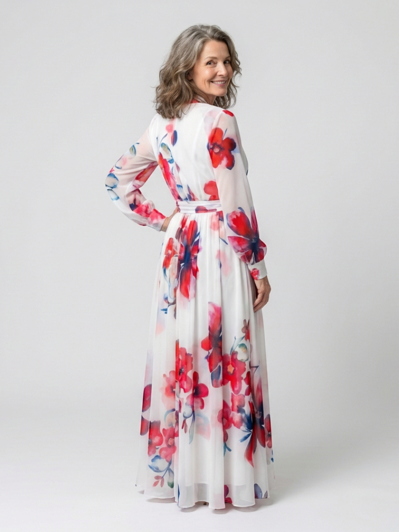 Floral V-Neck Long Sleeve Wrap Belted Maxi Dress 3
