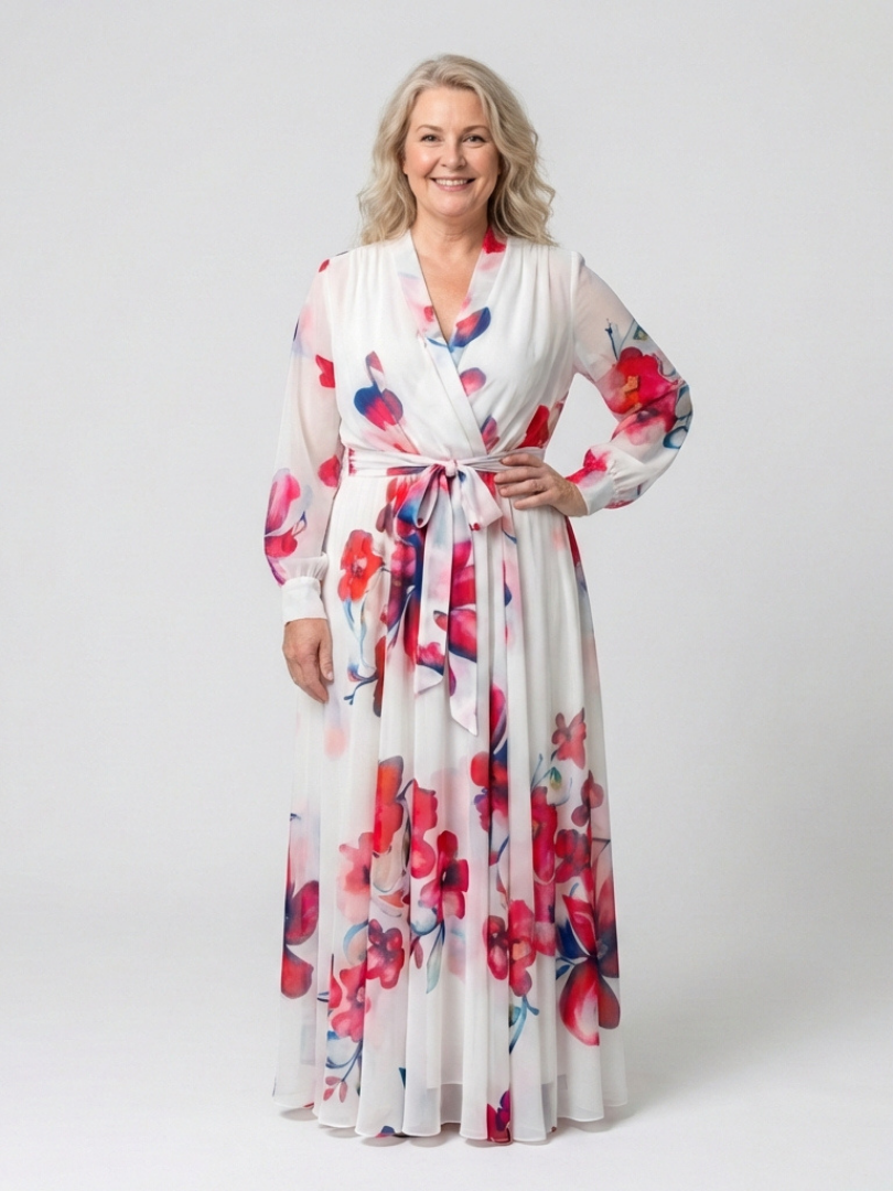 Floral V-Neck Long Sleeve Wrap Belted Maxi Dress 4