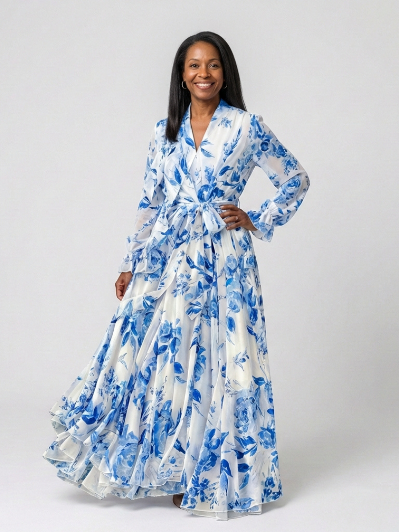 Floral V-Neck Long Sleeve Wrap Belted Maxi Dress 2