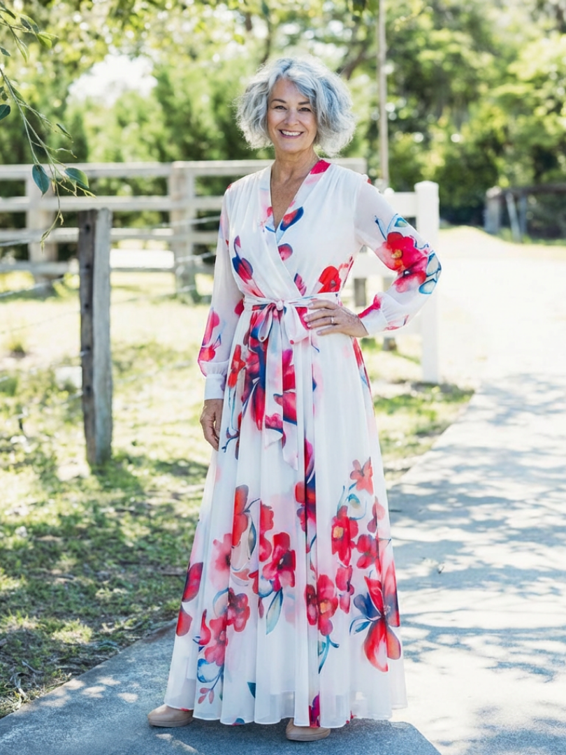 Floral V-Neck Long Sleeve Wrap Belted Maxi Dress 7