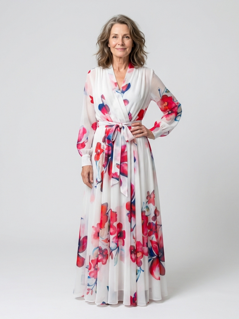 Floral V-Neck Long Sleeve Wrap Belted Maxi Dress