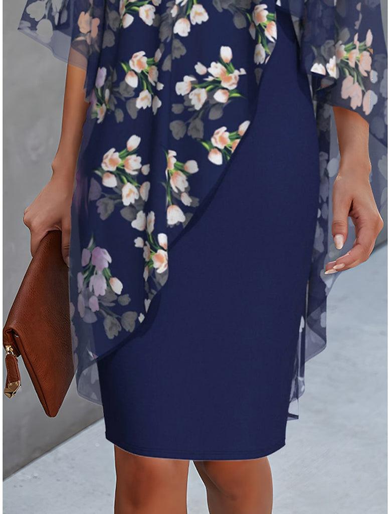 Floral Chiffon Overlay Asymmetrical Flutter Sleeve Sheath Midi Dress - View 2
