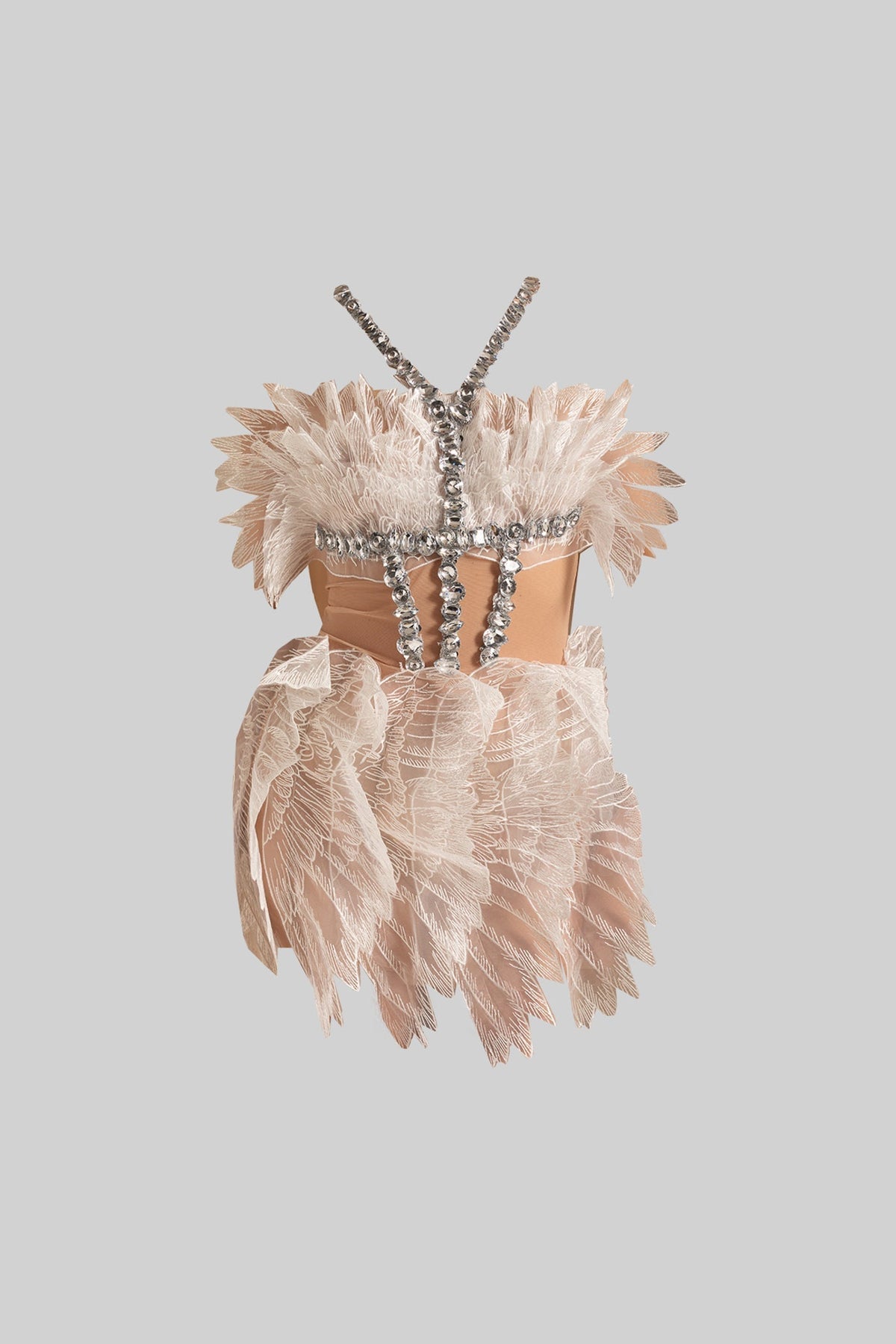Crystal Wing Applique Mesh Sheer Waist Strapless Mini Dress - View 2