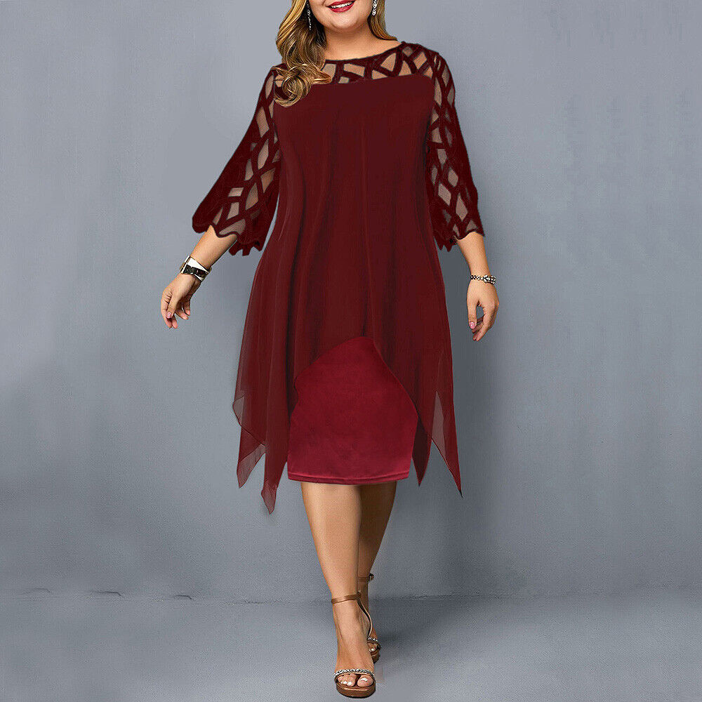 Round Neck Lace Sleeve Chiffon Overlay Midi Dress 3