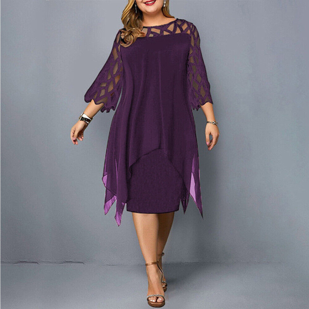 Round Neck Lace Sleeve Chiffon Overlay Midi Dress Cocktail 5