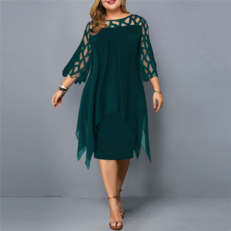 Round Neck Lace Sleeve Chiffon Overlay Midi Dress Cocktail 9