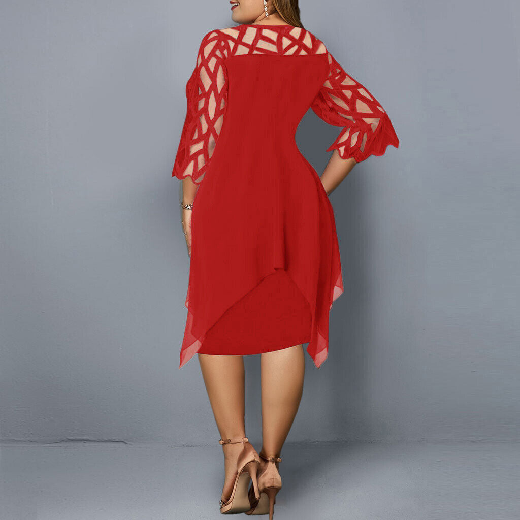 Round Neck Lace Sleeve Chiffon Overlay Midi Dress Cocktail 3