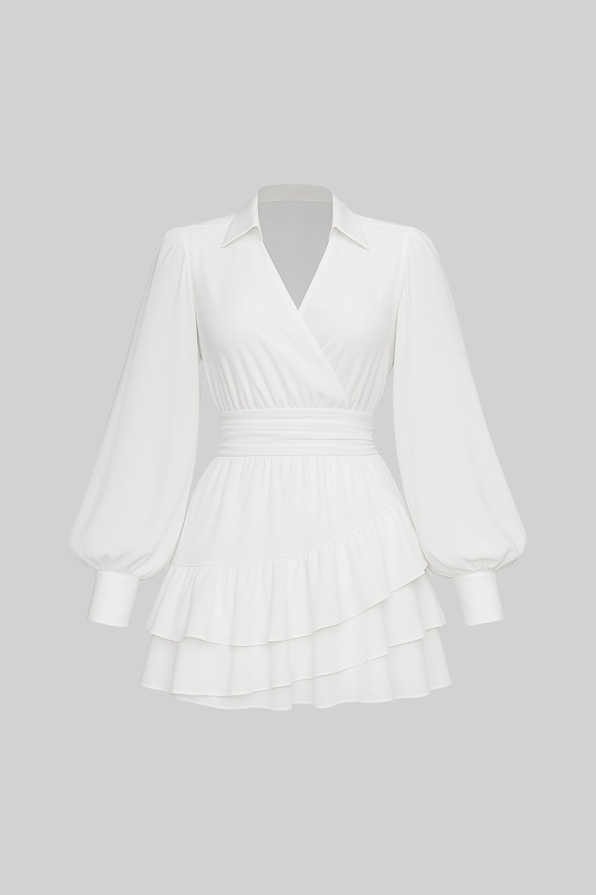 Collar Deep V-Neck Wrap Bodice Bishop Sleeve Ruched Mini Dress