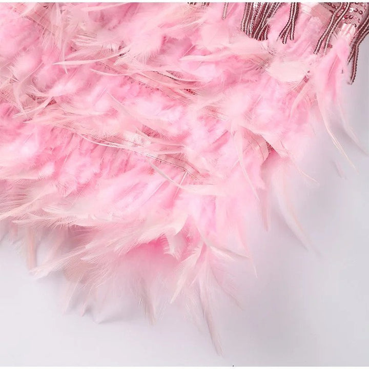Spaghetti Strap V-Neck Layered Fringe Feather Hem Cocktail Mini Dress - View 4